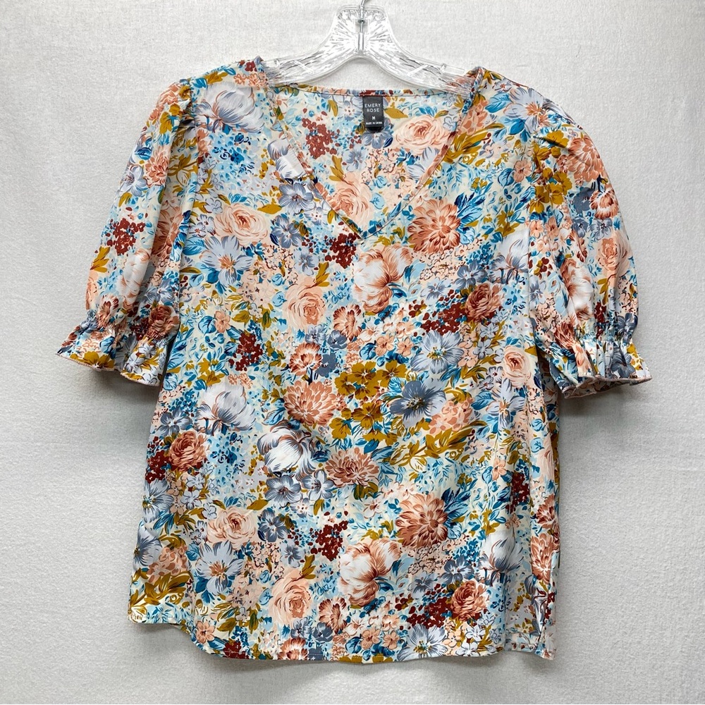 Emery Rose Multi-Color Floral V-Neck Puff Sleeve Blouse Size M Casual Top